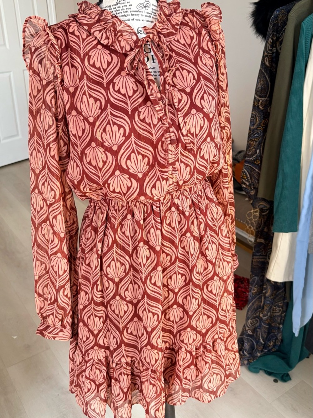 LC Lauren Conrad Rose and Blush Floral Long-Sleeve Ruffle Dress